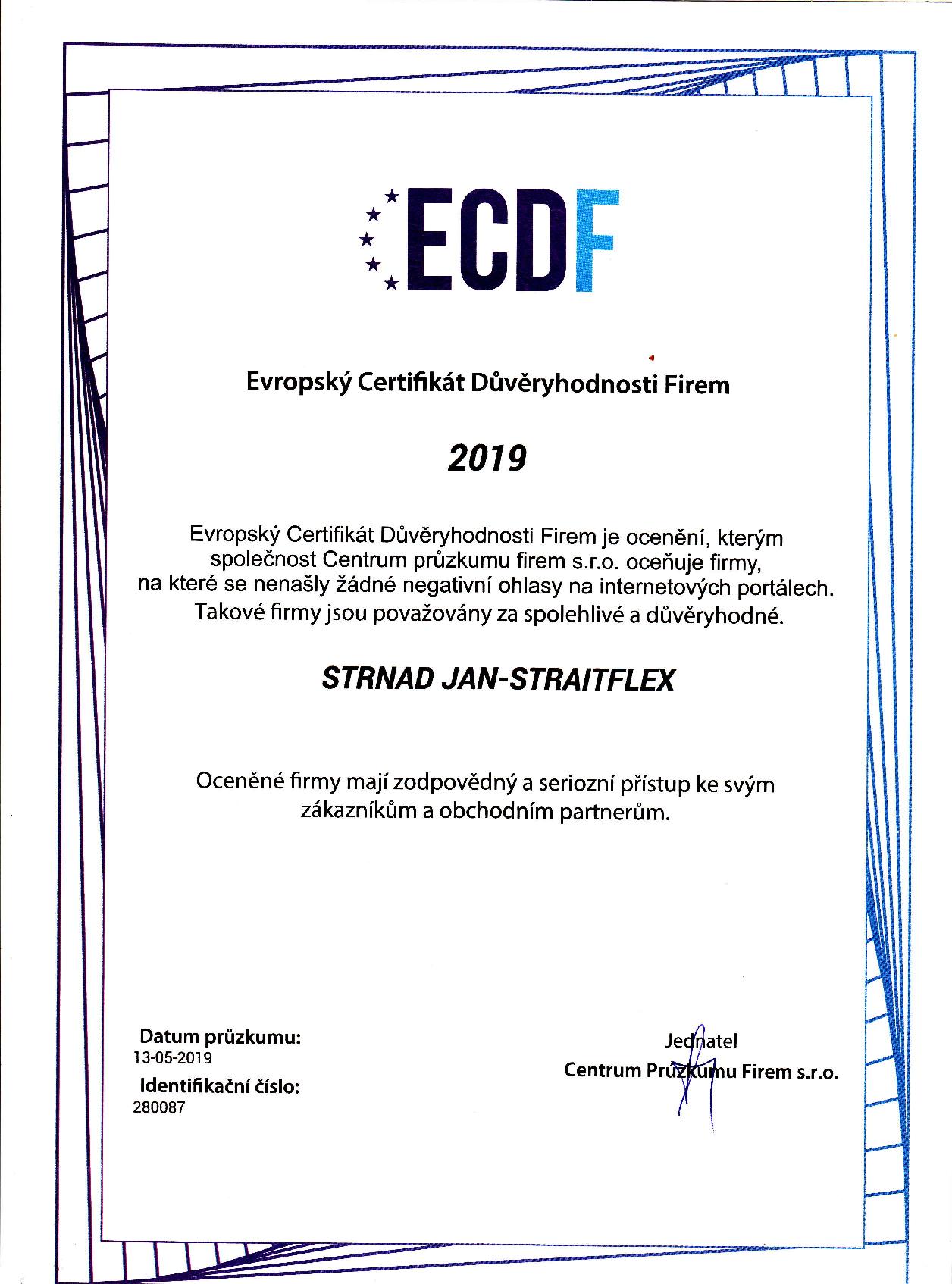 Evropský Certifikát důvěryhodnosti firem 2019